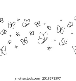 Beauty floral pattern on the white background. Border with  flying butterflies. Black silhouette. Decorative element in minimalist style. Vector illustration botanical art.
