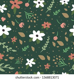 Beauty floral pattern vector image, clip art. Adorable wildflowers on dark background. Hand draw texture, template