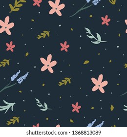 Beauty floral pattern vector image, clip art. Adorable wildflowers on dark background. Hand draw texture, template