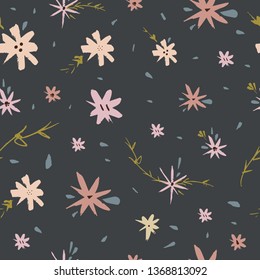 Beauty floral pattern vector image, clip art. Adorable wildflowers on dark background. Hand draw texture, template