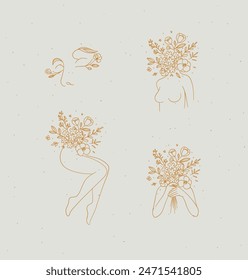 Beauty floral woman modern icons face bust legs hands with flowers drawing in linear style with beige on light background