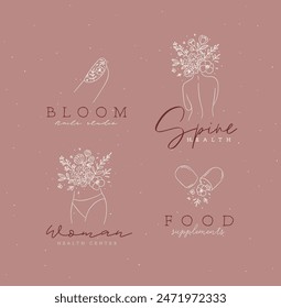 Beauty floral woman modern signs finger back belly pill with lettering nails studio spine health food supplements drawing in linear style on coral background