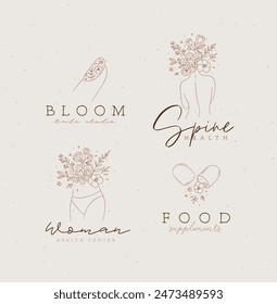 Beauty floral woman modern signs finger back belly pill with lettering nails studio spine health food supplements drawing in linear style on light background