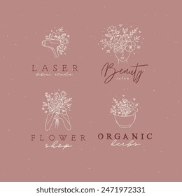 Beauty floral woman modern symbols head hands kitchen mortar with flowers and lettering bikini studio flower shop organic herbs drawing in linear style on coral background