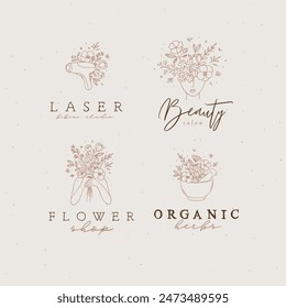 Beauty floral woman modern symbols head hands kitchen mortar with flowers and lettering bikini studio flower shop organic herbs drawing in linear style on light background