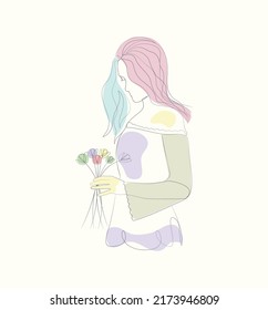 Beauty floral woman standing line art drawing female body illustration