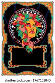 Beauty and Floral Wreath Psychedelic Color Art Nouveau Style Frame, 1960s Posters Stylization 