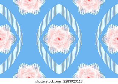 Beauty Florla,sweet pink Rose in line frame.Geometric art.Oriental ethnic ikat seamless pattern.for background,cover,textile,wallpaper,clothing,wrapping,fabric,Vector illustration. embroidery style.