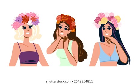 beauty flower crown woman  vector.  floral headpiece, elegance goddess, wreath romantic beauty flower crown woman character. people flat cartoon illustration