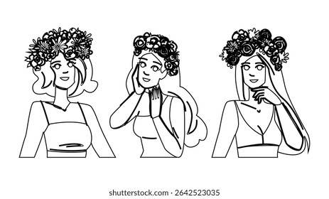 beauty flower crown woman vector. floral headpiece, elegance goddess, wreath romantic beauty flower crown woman character. people black line pencil drawing illustration