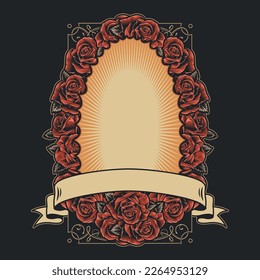 Beauty flower frame template colorful roses around oval shape for photo or logo with ribbon in vintage style vector illustration