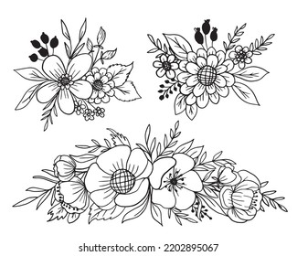 beauty flower and leaves line art collection, flower doodle line art isolated