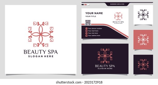 Logo de rosa de flor de belleza con estilo lineal único y diseño de tarjetas de visita Premium Vector