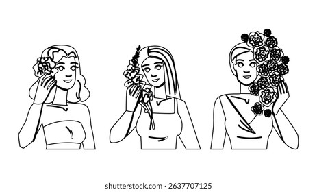 beauty flower woman makeup vector. lipstick petal, feminine foundation, elegance blush beauty flower woman makeup character. people black line pencil drawing illustration
