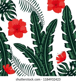 beauty flowers with branches leaves background