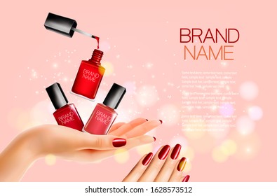 Beauty flyer with nail polish bottles and manicured female hands. Vector.