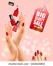 Beauty flyer with nail polish bottles and manicured female hands. Big beauty sale tag. Vector.