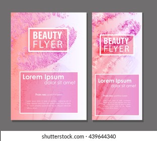 Beauty flyer set. Vector template with watercolor lips, lipstick and brush for beauty salon.