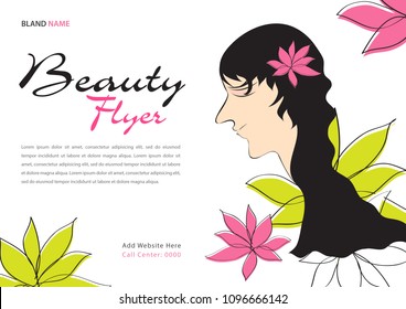 Beauty Flyer template, Magazine Ads layout, Cosmetics Banner, poster, backdrop, billboard, leaflet, newspaper, women long hair style icon White flower, Girl face, logo women, salon sign, beauty lady