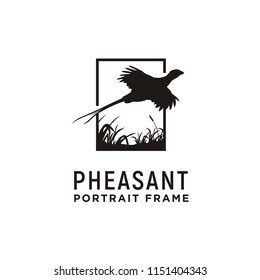 Beauty Flying Pheasant Bird over the grass Portrait Picture Frame Silhouette Logo design svg