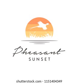 Beauty Flying Pheasant Bird over the creek river grass Silhouette for Wildlife Nature Sunset Logo design