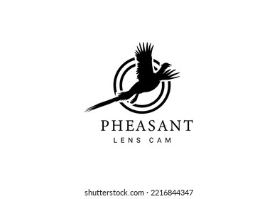 Beauty Flying Pheasant Bird Silhouette With Camera Lens Logo Design svg