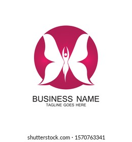 beauty flying women vintage butterfly logo design-vector
