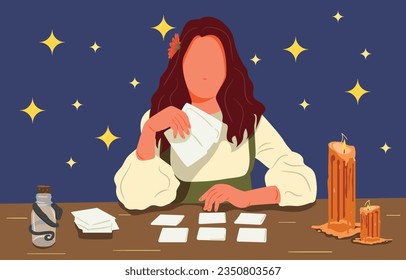 Mujer guapa. El oráculo gitano. Adivinando con tarjetas tarot. Señora mística. Ilustración vectorial dibujada por mano