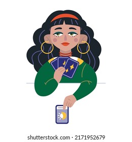 Beauty Fortune tellers, cartoon style. Young Gypsy girl lays out tarot cards on table. Trendy modern vector illustration isolated on white background, hand drawn, flat design.