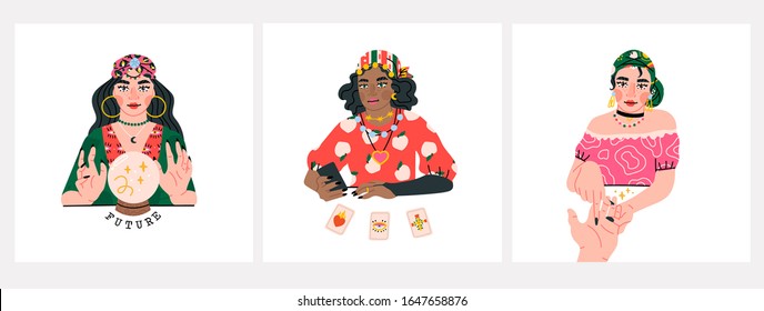 Beauty Fortune tellers. Gypsy oracle. Mystic ladies. Women are telling the future by seeing the hand, crystal ball and cards. Set of three Hand drawn vector trendy illustrations