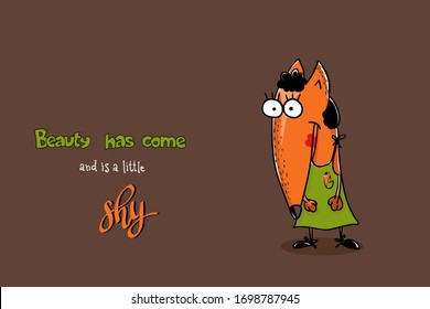 Beauty  fox with make up in green dress in cartoon style.  Vector funny illustration of antropomorf animal