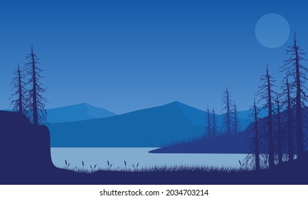 The beauty of the full moon with a view of the mountains at night from the riverbank. Vector illustration of a city