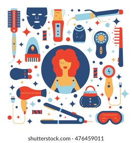 Beauty gadgets vector illustration, including sonic cleansing brush, hair curler, straightener, electrical massagers, high-tech devices for personal care. Elements for design isolated on background. 