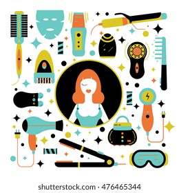 Beauty gadgets vector illustration, including sonic cleansing brush, hair curler, straightener, electrical massagers, high-tech devices for personal care. Elements for design isolated on background. 