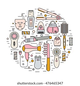 Beauty Gadgets Vector Illustration, Including Sonic Cleansing Brush, Hair Curler, Straightener, Electrical Massagers, High-tech Devices For Personal Care. Elements For Design Isolated On Background. 