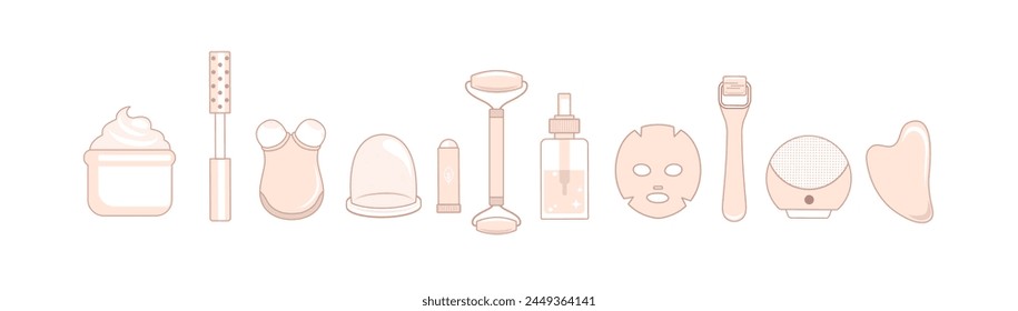 Aparatos de belleza, dispositivos aislados para el cuidado de la piel para la cara, lifting facial, masajeadores de rodillos faciales, terapia anti-envejecimiento. Dispositivos de limpieza facial para la rutina de belleza.Infografía de cosmetología de Vector.Cuidado de la piel en casa