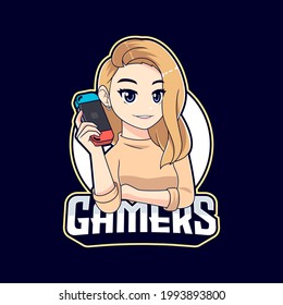 Beauty gamer anime girl playing on mobile gaming esport logo