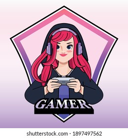 Beauty gamer girl cartoon logo, female streamer esport logo character.