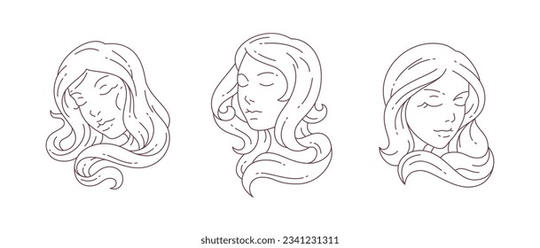 Mujer gentil de belleza cara con largo cabello retrato romántico minimalista línea de arte conjunto ilustración vectorial. Elegante cabeza femenina bello peinado monocromo icono para el cuidado de la piel de peinado