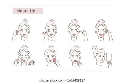 Beauty Girl Applying Face Makeup with Brushes and Sponges. Woman use Mascara, Facial Foundation, Serum and other  Make Up Beauty Products. Cosmetics Concept. Flat Vector Illustration and Icons set.