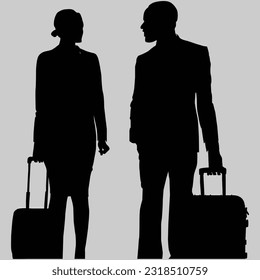 Beauty Girl and Boy Embark on a Business Journey with Carrying Luggage Style Silhouettes.