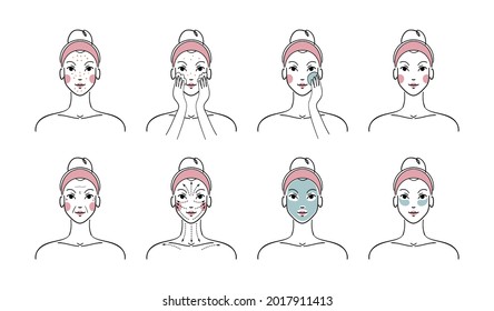 Beauty Girl concept for facial skin care, beauty treatments at home. A woman does a facial massage along the lines, uses a cream, anti-acne cleansing procedures. Flat vector illustration icons set.