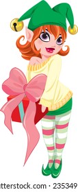 beauty girl elf with gift christmas