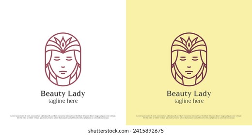 Beauty girl face linear line logo design illustration. Silhouette of female beauty queen hair salon facial care spa people. Simple icon feminine peace symbol elegant luxury simple fashion lifestyle.