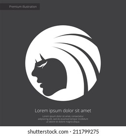 Beauty girl face premium illustration icon, isolated, white on dark background, with text elements 