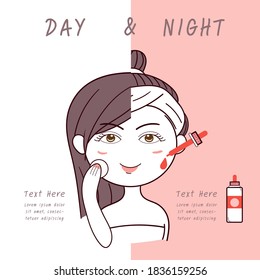Beauty girl with facial face skincare serum day and night