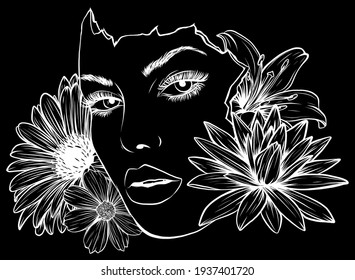 beauty Girl Floral face silhouette in black background vector illustration design