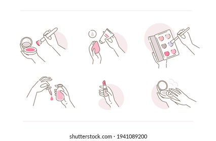 Beauty Girl Hands Holding Containers and Bottles with Beauty Products. Facial Foundation, Lipstick, Serum and other Facial Make Up Cosmetics. Flat Line Vector Illustration and Icons set.