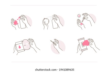 Beauty Girl Hands Holding Containers and Bottles with Skincare Products. Facial Cleanser, Serum, Sheet Mask and other Facial Hygienic Cosmetics. Flat Line Vector Illustration and Icons set.