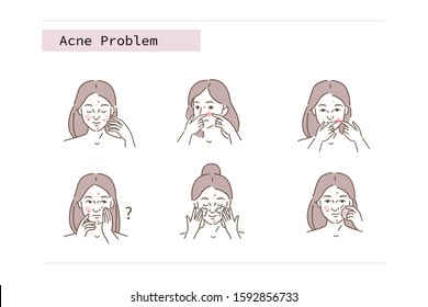 Beauty Girl Have Acne Skin Problems. Woman Squishing Pimples on Face with Hands. Squeezing Whitehead. Wrong Procedures against Acne. Flat Line Cartoon Vector Illustration.